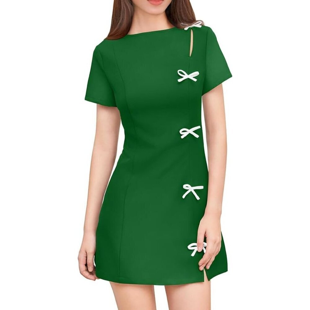 Women Black Short Sleeve Mini Dress with White Bow Details Elegant Party Outfit